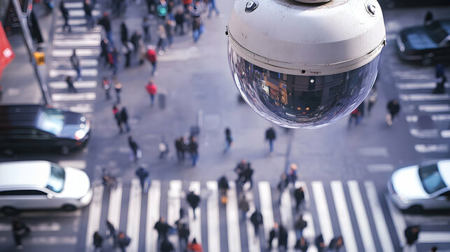A surveillance camera observing a bustling urban street with pedestrians and vehicles, ensuring safety and security for all - Powered by Adobe