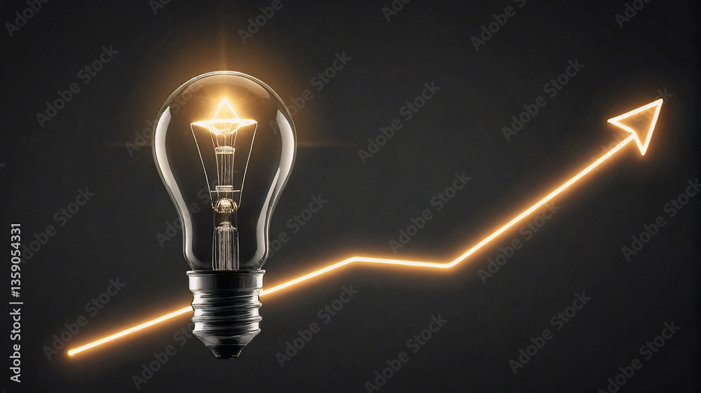 Poster illuminated light bulb beside an upward arrow, representing idea generation and positive growth on a