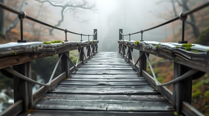 Fototapeta premium Misty Pathway: A Serene Wooden Bridge Through Enchanted Fog