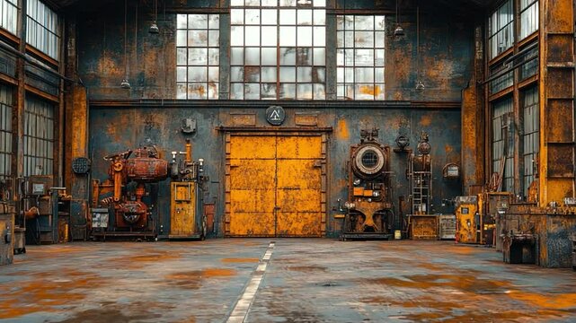 Rust and Relics: A vintage workshop interior is showcased, featuring antique machinery, aged walls, and expansive windows, bathed in a warm, diffused light.