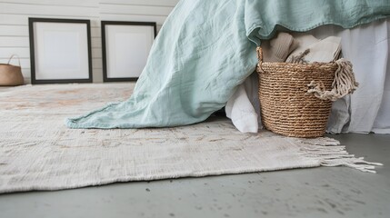 Cozy Modern Bedroom Interior with Soft Textiles and Natural Woven Basket on the Floor