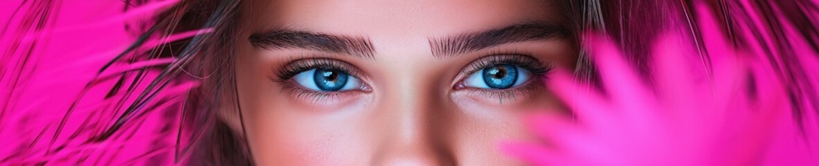 Obraz premium Beautiful woman with striking blue eyes surrounded by vibrant pink feathers in a captivating portrait