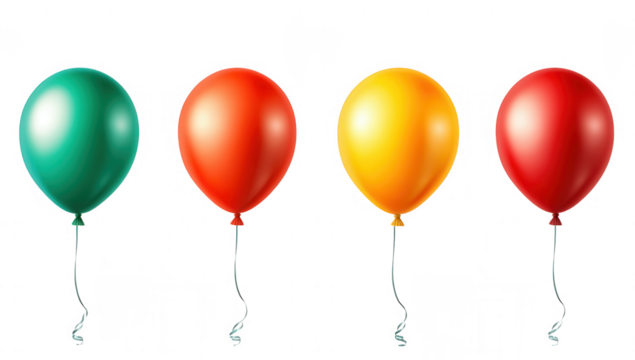 four colorful balloons in green red yellow and another red each with a string attached set against a plain white background suggesting a festive or celebratory theme