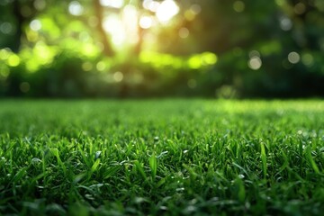 Fresh Green Grass Close Up with Sunlight and Blurry Background