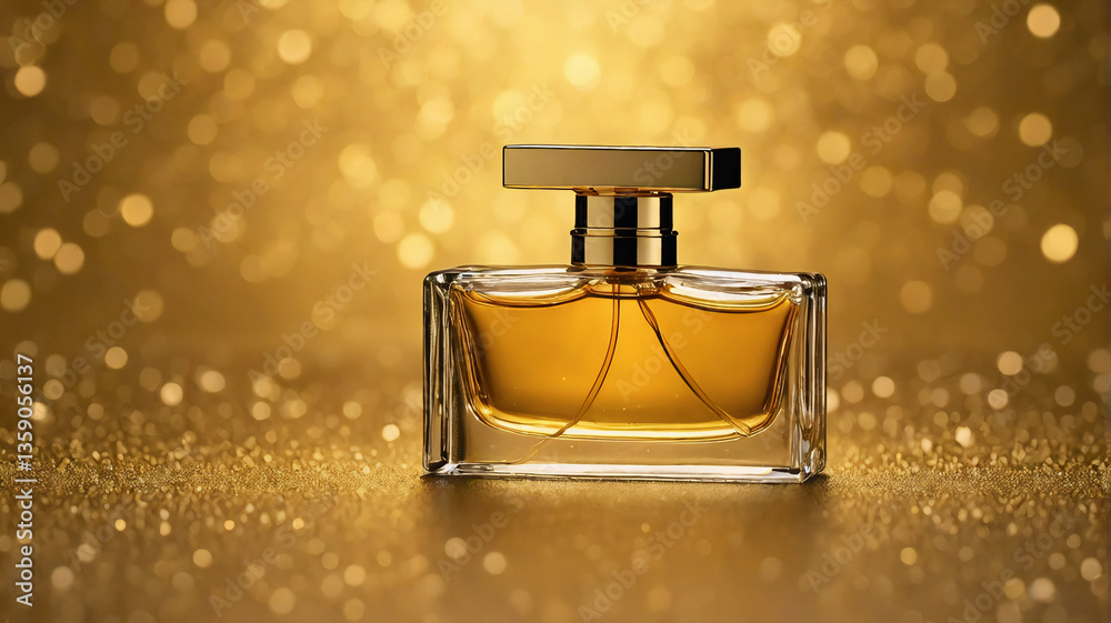 Poster aromatic perfume in a clear glass bottle with a golden cap, placed on a glittery gold surface and ba