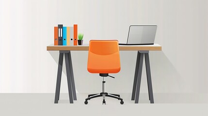 Modern Office Desk with Laptop, Chair, Folders, and Plant, Workspace Setup

