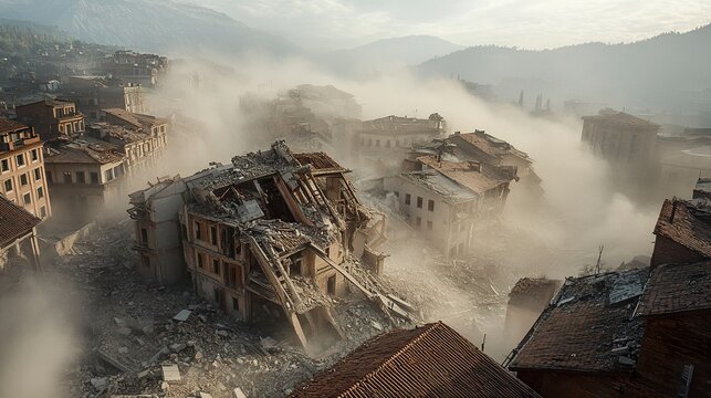 A city in ruins after a massive earthquake broken structures, tilted facades, and clouds of dust lingering in the air.  