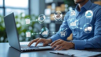 Digital Procurement & Supply Chain Management – Business Professional Working on Laptop with Holographic Icons of Logistics, Finance, and Operations in a Modern Office Setting