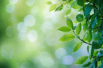 Obraz premium Fresh Green Leaves with Water Droplets Sparkling in Soft Spring Light
