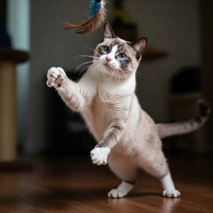 Joyful Feline Trying to Catch Feathers
