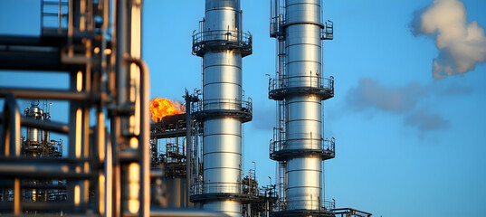 A close-up of towering oil distillation columns at an industrial refinery