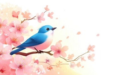 A Blue Bird Perched on a Branch of Pink Blossoms
