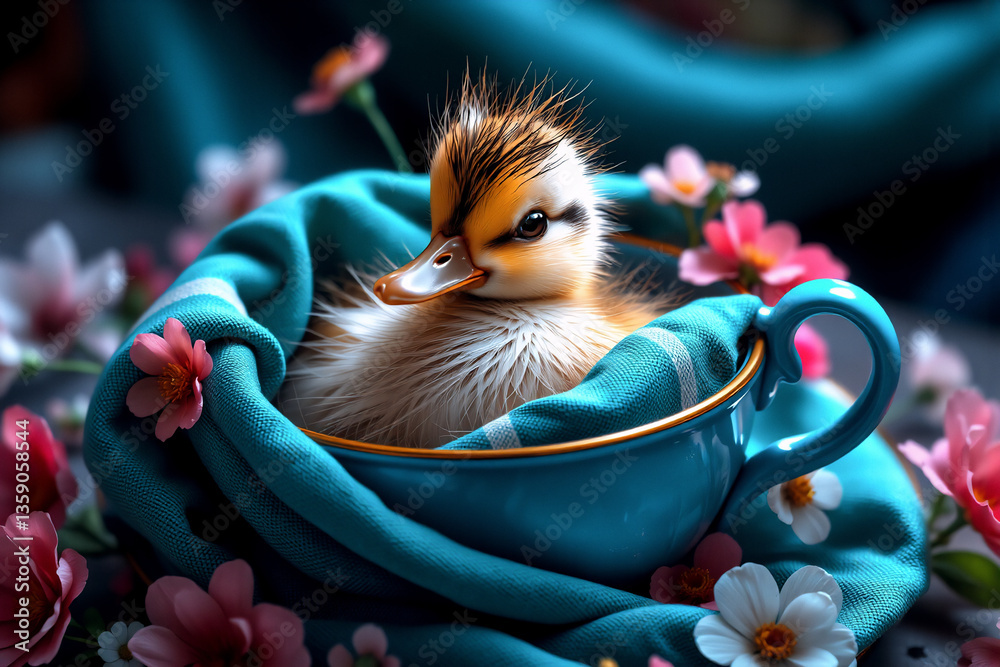 Poster a fluffy duckling is nestled comfortably inside a teal teacup, surrounded by soft folds of fabric an