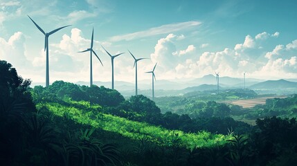 A row of wind turbines in a serene modern landscape, surrounded by lush green vegetation and open, clean horizons. 