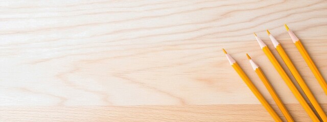 Fototapeta premium Colorful Yellow Pencils Arranged Neatly on Light Wooden Surface