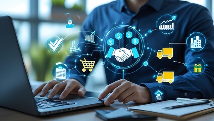 Digital Procurement & Supply Chain Management – Business Professional Working on Laptop with Holographic Icons of Logistics, Finance, and Operations in a Modern Office Setting