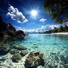 Fototapeta premium Stunning landscape photo with vibrant blue sky and crystal-clear ocean, dramatic clouds, ultra-realistic, photo realistic, highly detailed, 