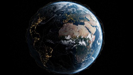 Earth viewed from space showcasing continents, city lights, oceans, and atmosphere Concepts of globalization, environment