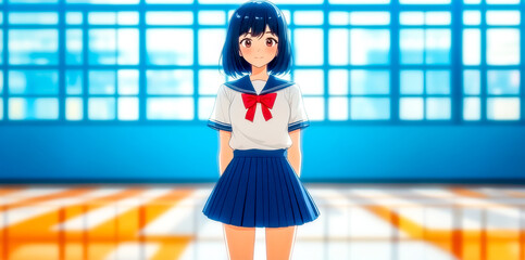 Cheerful anime girl smiling in school uniform in a gym