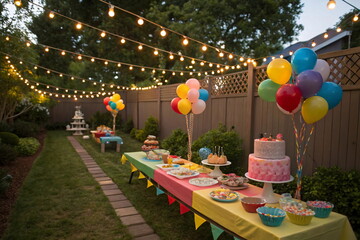 Colorful decorated birthday cake and cupcakes on a table in backyard. Candy bar with colorful balloons in the garden at sunset time.