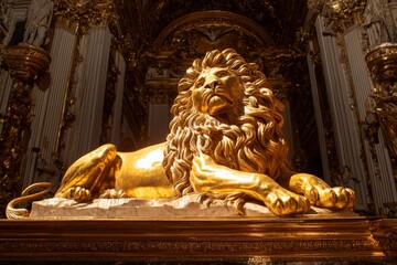 Golden Lion Statue in ornate, gilded Hall, Interior decor, royal opulence, travel