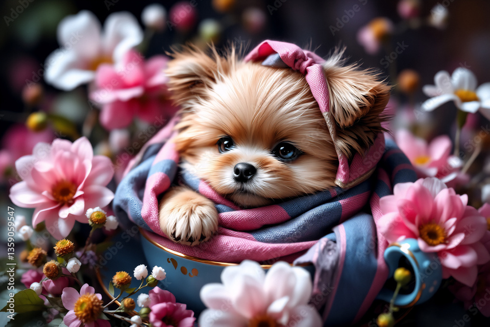 Aufkleber a fluffy puppy wrapped in a pink and blue scarf peeks out from a teacup amidst a vibrant array of pi