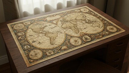 Vintage world map on wooden desk in home office promotes travel exploration and intellectual atmosphere
