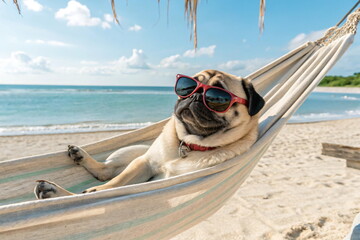 Cute pug dog relaxing in hammock on the beach.