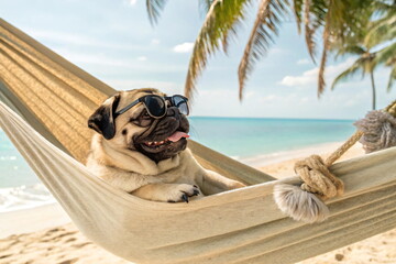 Cute pug dog relaxing in hammock on the beach.