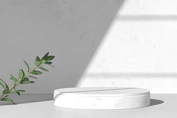 Minimal scene with white podium and green leaves. white podium for product presentation.