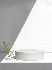 Minimal scene with white podium and green leaves. white podium for product presentation.