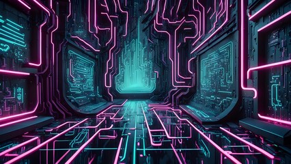 Futuristic Neon Circuitry Corridor: Cyberpunk Interior Design