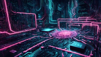 Neon Cityscape Circuit Board: Futuristic Technology