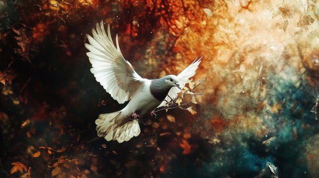 abstract a dove with a branch in its mouth flying in the air for background