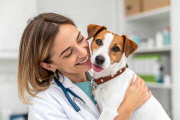 Portrait of a smiling female veterinarian holding a dog in her arms. Dog in clinic