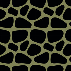 Abstract giraffe skin seamless pattern. Black spots on a green background. Vector illustration for fabric, fashion, wallpaper, paper, packaging, bed linen, cover