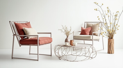 Fototapeta premium two coral-cushioned chairs and a metal coffee table in a minimalist living room