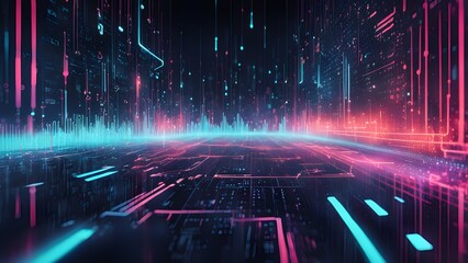 Neon Digital Cityscape: Futuristic Technology Background