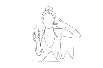 Woman in bikini wearing sunscreen. Applying sunscreen concept one-line drawing