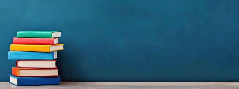 Colorful Stacked Books on Wooden Table with Blue Background
