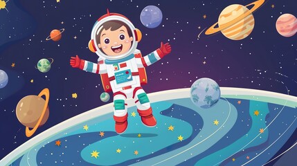 Cartoon Child Astronaut Floating in Space Among Planets, Kid's Space Exploration

