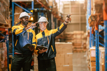 Warehouse workers working together, Inventory employee team staff in duty storage warehouse building