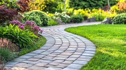 Brick patio connects to a curved stone walkway lush green surroundings and vibrant flowers enhance the beauty of the outdoor space. 