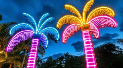 Colorful Neon Palm Trees Illuminating Night Sky in Vibrant Colors