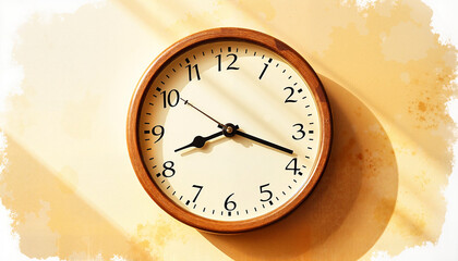 Wall clock showing time with warm sunlight backdrop  