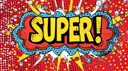 Fototapeta premium Comic Book Style Speech Bubble with Word Super on Red Halftone Background, Wide Format
