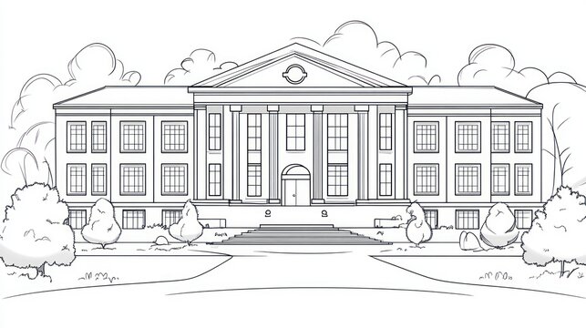 Simple sketch of a large school building with trees and clouds, suitable for education or design inspiration