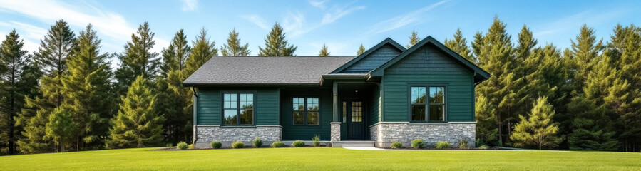 Fototapeta premium charming dark green house with stone accents sits on a grassy lawn surrounded by tall evergreen trees