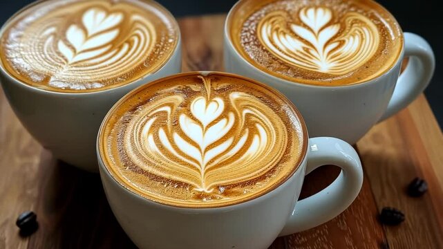 Lavish coffee art displayed in three cups at a cozy cafe in the heart of the city