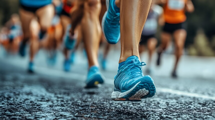 Closeup of running shoe of the person running on road.
